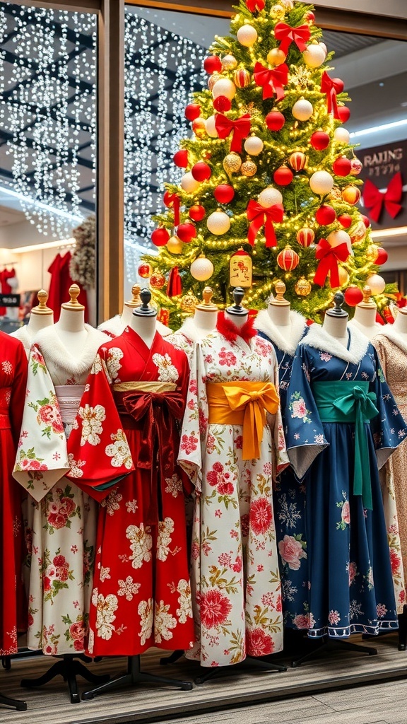 A collection of Christmas dresses in Japan, featuring traditional kimonos and modern styles, with a decorated Christmas tree in the background.